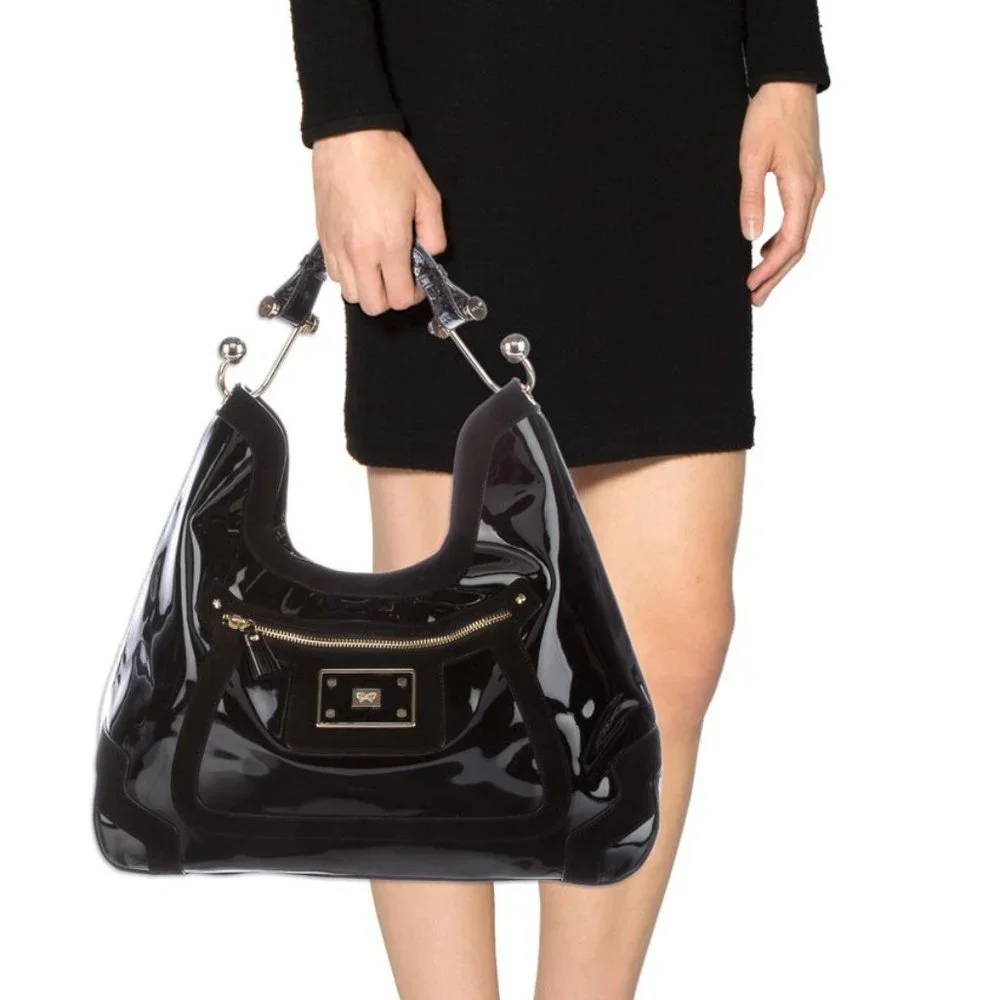 Anya Hindmarch Black Patent Leather Lautner Hobo